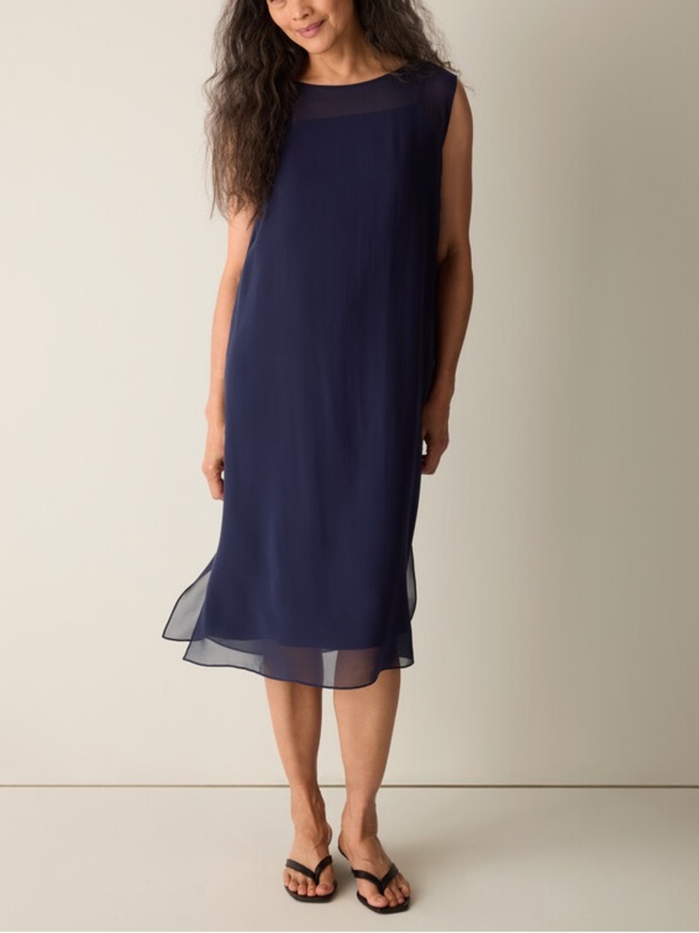 NWT! Eileen Fisher Navy Sleeveless Silk Sheer Georgette Dress